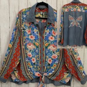 John Mark Floral Embroidered Butterfly 1X Boho Top Roll Tab Sleeve Front Tie NWT